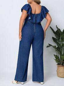 SHEIN Privé Plus Size Square Neckline Ruffle Trim Belted Denim Jumpsuit - Dark Wash - View 2