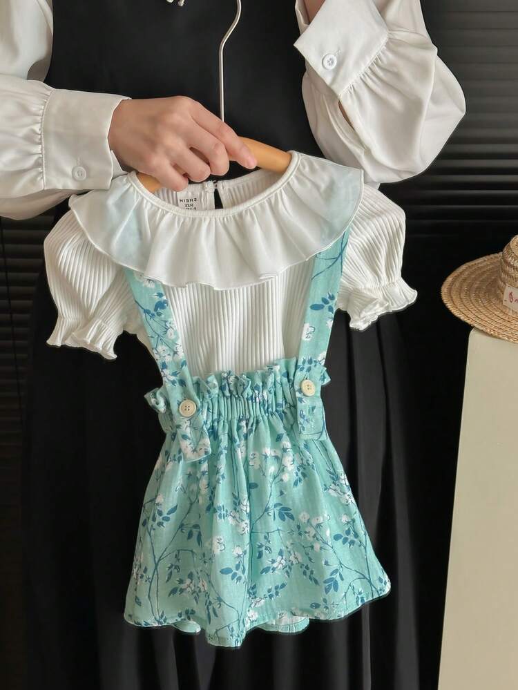 Baby Girl Holiday Floral Print Overall Dress And Knitted Ruffle Trim Short Sleeve Top Set