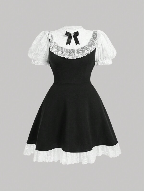 SHEIN MOD Plus Size Color Block Lace Patchwork Dress With Bow Decoration,Graduation Dress,Birthday Dresses For Women