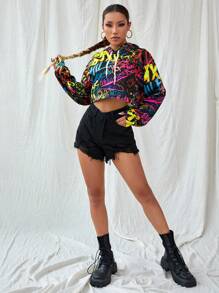 Muchica Graffiti Print Drop Shoulder Drawstring Hoodie - Multicolor - View 5