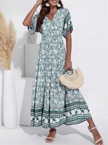 SHEIN Unity Floral Printed V-Neck Long Green Dress - Multicolor - View 1