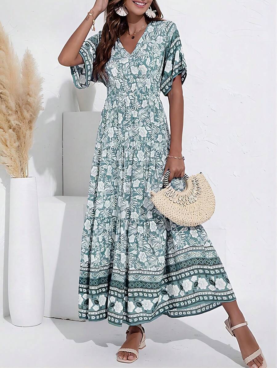 SHEIN Unity Floral Printed V-Neck Long Green Dress - Multicolor - View 1