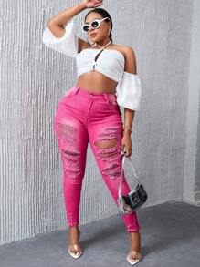 Slaydiva Jeans Rasgados De Talla Grande Ajuste Delgado - Rosa Fucsia - Ver 3