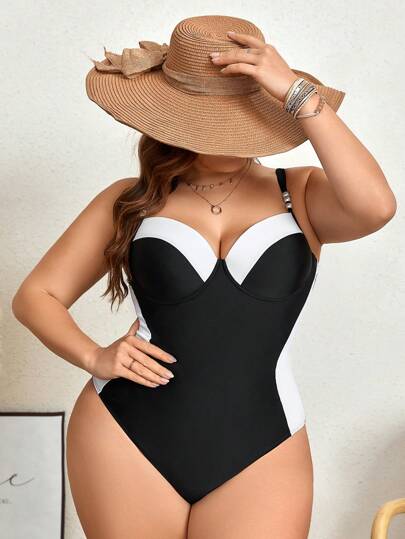 Swim Chiccia Traje de baño de una pieza para playa de verano y bloqueo de colores, cómodo para vacaciones en la playa y natación en tallas grandes