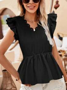 SHEIN LUNE 純色蕾絲飄帶短袖上衣 - 黑色 - 查看 1