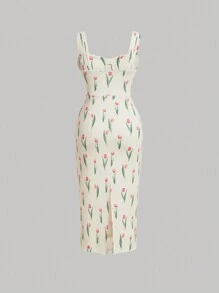 SHEIN MOD Plus Size Printed Twist Front Wrap Cami Dress - Yellow - View 2