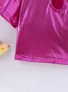 少女夏季鎖孔領金屬質感短袖休閒T恤 - 彩色 - 查看 5