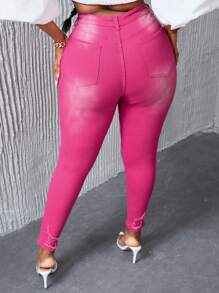 Slaydiva Jeans Rasgados De Talla Grande Ajuste Delgado - Rosa Fucsia - Ver 2