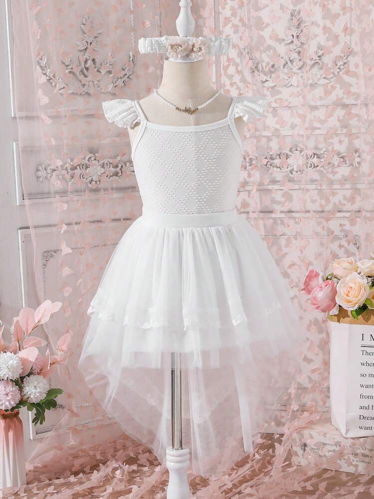 2pcs/Set Young Girls' Textured Top And Mesh Skirt