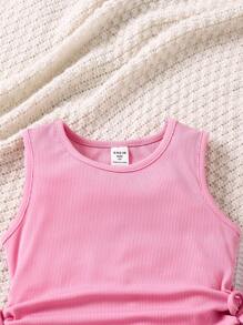 SHEIN Conjunto de verano para niña joven con top casual fruncido sin mangas y pantalones acampanados con estampado completo - Rosa Fucsia - Ver 3