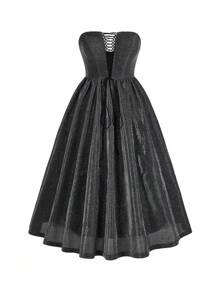 SHEIN Belle Elegant And Atmospheric Black Fine Shiny Glossy Woven Tube Top With Deep V-Neck Adjustable Straps Hollow High Waist A-Line Birthday Party Date Vacation Wedding Event Cocktail Dress, Semi Formal Dress - Black - View 1