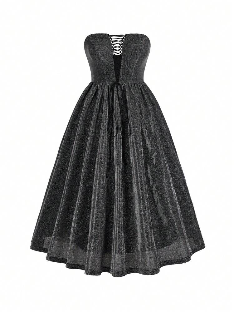 Elegant And Atmospheric Black Fine Shiny Glossy Woven Tube Top With Deep V-Neck Adjustable Straps Hollow High Waist A-Line Birthday Party Date Vacation Wedding Event Cocktail Dress, Semi Formal Dress