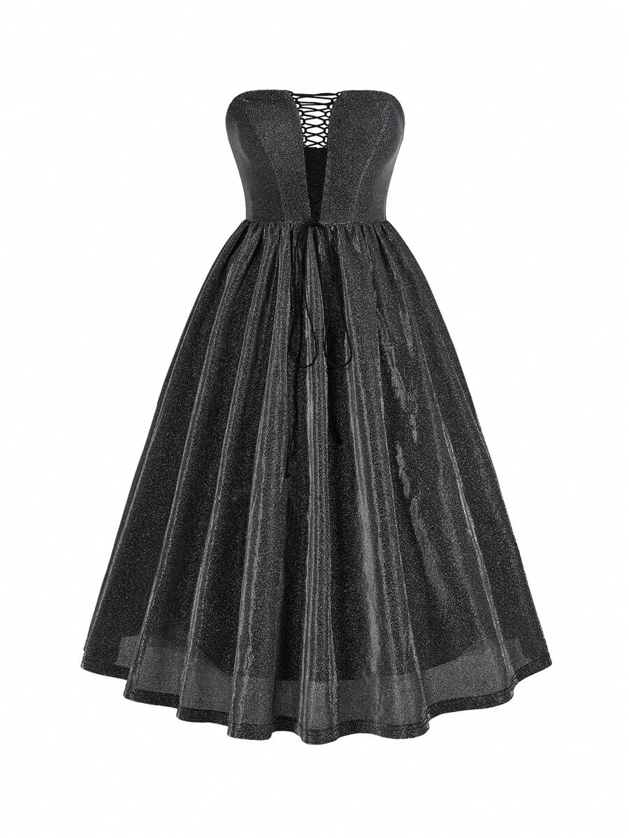 SHEIN Belle Elegant And Atmospheric Black Fine Shiny Glossy Woven Tube Top With Deep V-Neck Adjustable Straps Hollow High Waist A-Line Birthday Party Date Vacation Wedding Event Cocktail Dress, Semi Formal Dress - Black - View 1