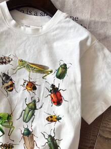 SHEIN Áo thun tay ngắn cổ tròn in họa tiết côn trùng đơn giản, trẻ trung, thoải mái, chất liệu cotton pha trộn, thích hợp cho mùa hè - trắng - Xem 3