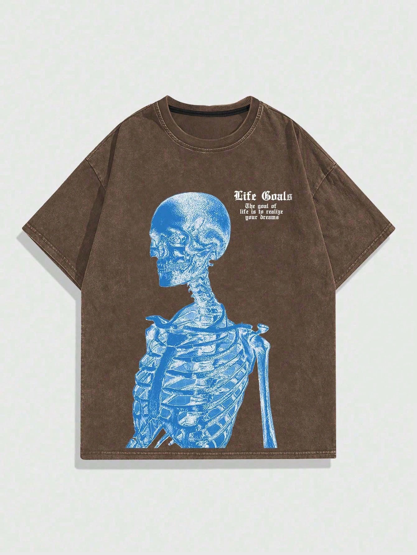 【oan】Elec Skeleton Vintage Washing Short Sleeve T-Shirt Electric Skeleton With Headphones, Skeleton X-ray Women's T