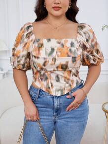 SHEIN Privé 夏季優雅浪漫的短袖襯衫，魚骨裝飾和流動的抽象花卉圖案，方領，適合大號女性 - 適合旅行和約會的完美穿搭 - 橘色 - 查看 1