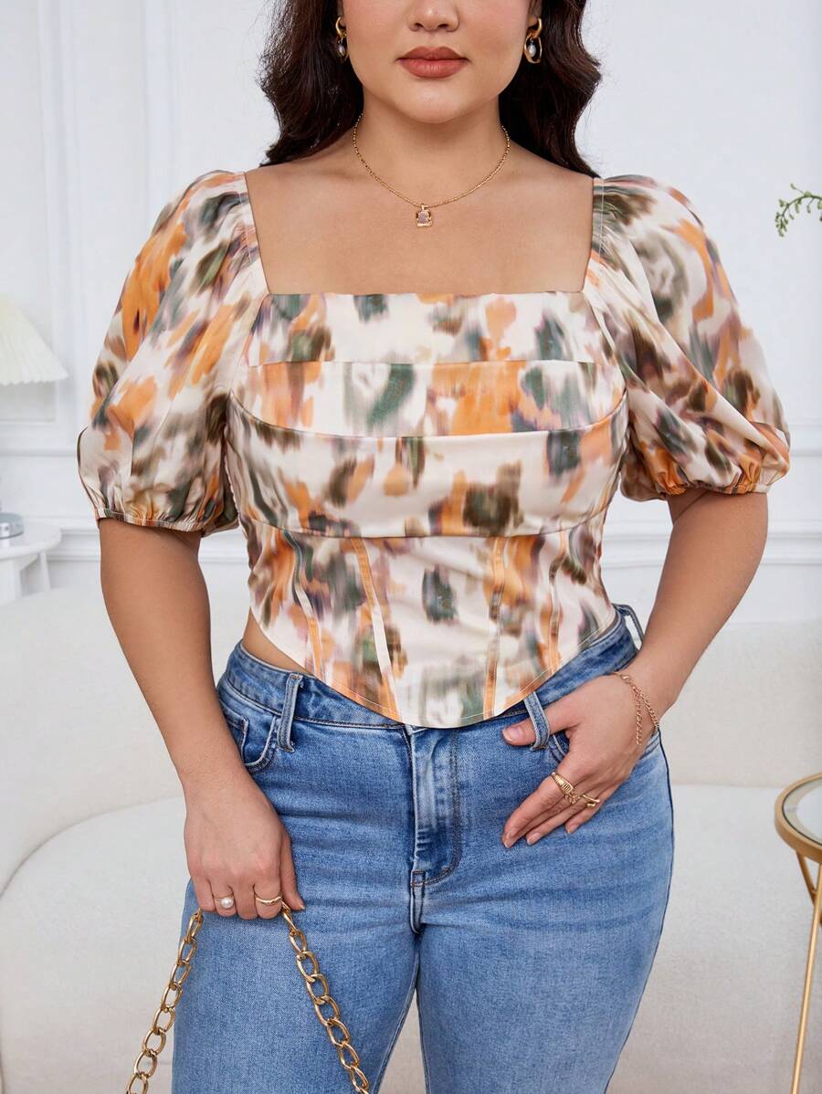 SHEIN Privé 夏季優雅浪漫的短袖襯衫，魚骨裝飾和流動的抽象花卉圖案，方領，適合大號女性 - 適合旅行和約會的完美穿搭 - 橘色 - 查看 1