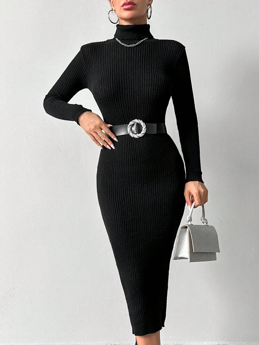 SHEIN Cottnline Slim Ribbed High Neck Knitted Sweater Dress Without Belt - Black - View 1