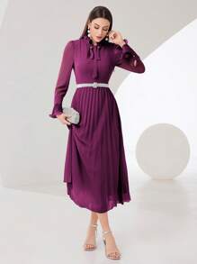 Modelyn Của phụ nữ Mùa xuân/Mùa hè Thanh lịch Dài Đầm Với thắt lưng , Tay áo dài Và Xếp li - Màu đỏ tím - Xem 3