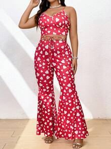Flirla Ensemble de 3 pièces pour femmes de grande taille: Veste à manches cloches avec manchettes épaisses et top court avec pantalon évasé à imprimé cœur