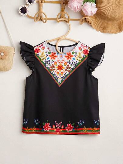 SHEIN 适合青少年女孩的圆领荷叶袖衬衫，采用花卉印花和撞色设计，适合夏季度假