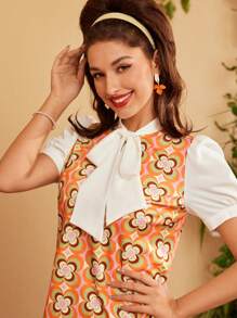 SHEIN DECDS Vestido vintage de campo de los años 60 para mujer, primavera/verano, de línea A con empalme de colores contrastantes, con lazo y correas, vestido corto renacentista a la moda con estampado y patrones divertidos, colores contrastantes, vestido floral, vestido de profesora, vestido informal, vestido corto de verano - Naranja - Ver 9