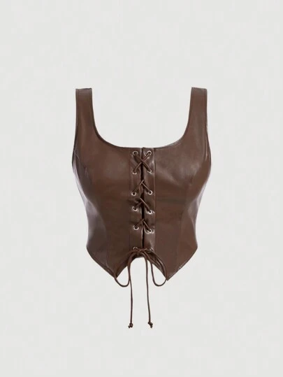 SHEIN MOD Plus Size Women's Eyelet Buttons Asymmetrical Hem Front Tie Matte Premium Leather Tank Top,Tank Top Wearable Inside And Outside