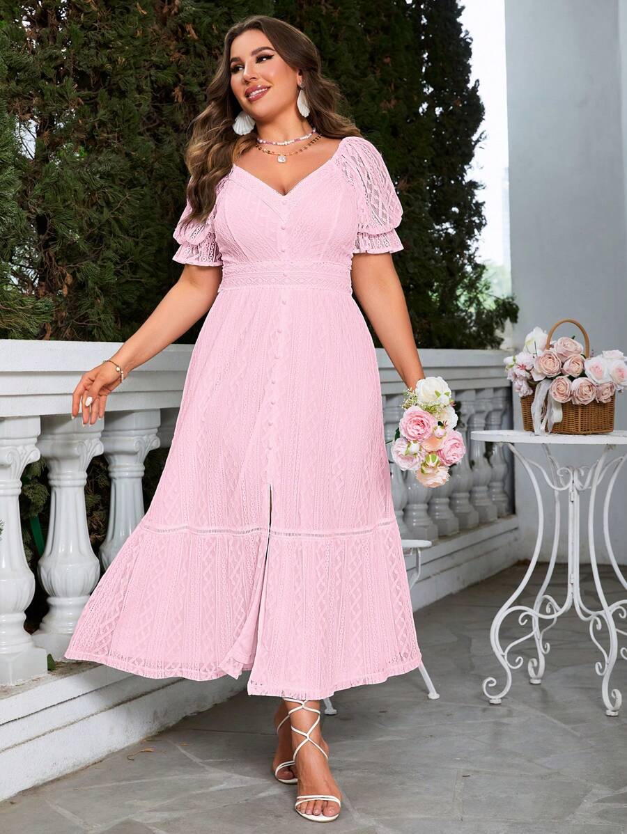 Simplee Robe Fendue En Dentelle Unie Pour Femme Grande Taille Pour Les Vacances - Rose bonbon - Voir 1