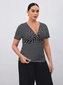 BizChic Kích thước lớn Của phụ nữ Mặt trước xoắn Sọc Ngắn tay Áo thun Cho mùa hè - Đen và trắng - Xem 4