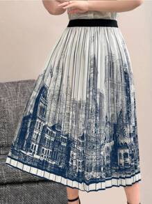 EMERY ROSE Váy xếp li nữ Plus Size có in họa tiết kiến trúc - Màu xanh hải quân - Xem 5