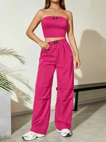 SHEIN Unity 女士露肩上衣和阔腿休闲裤两件套春夏季粉色工装裤粉色女装粉色女装粉色两件套 - 玫紅色 - 查看 4