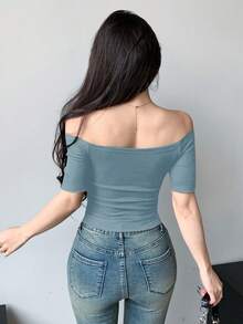 DAZY 纯色露肩紧身短款女式 T 恤 - 水鴨藍 - 查看 2