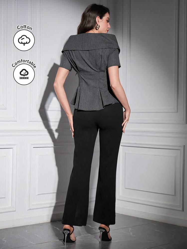 Striped Zipper Front Blouse With Pleated Hem And Flared Pants With Slits 2 Pieces Set