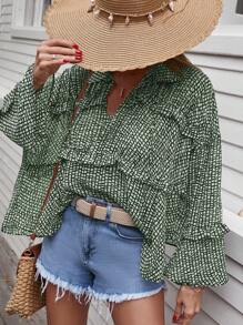 EURMUSE 滿版印花繫帶領荷葉袖襯衫 - 綠色 - 查看 1