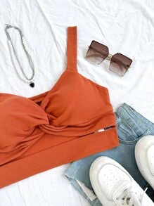 Dreamara (No Chest Padding) Plus Size Solid Color Twist Knot & Cut Out Crop Cami Top - Burnt Orange - View 3