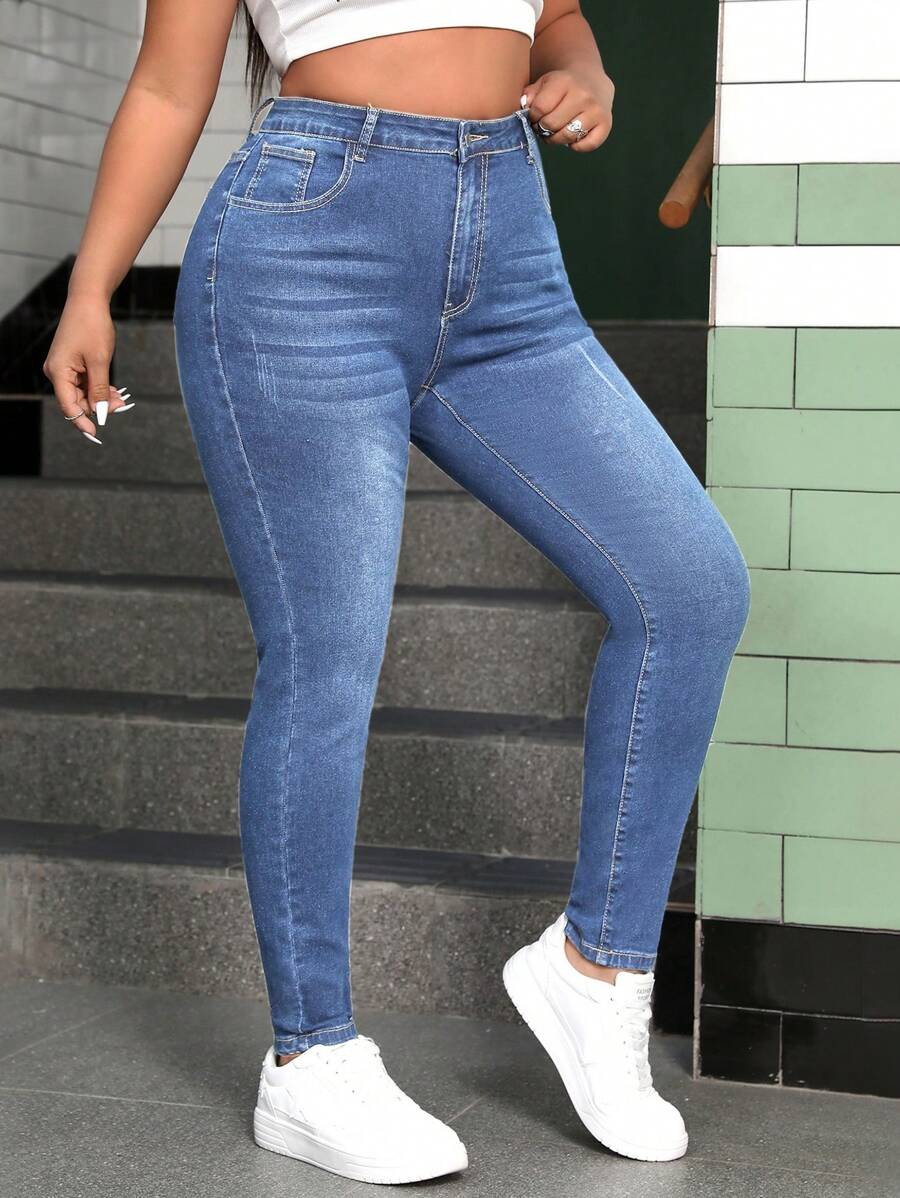 SHEIN Essnce Women's Casual Zip-Up Front Skinny Stretch Denim Jeans