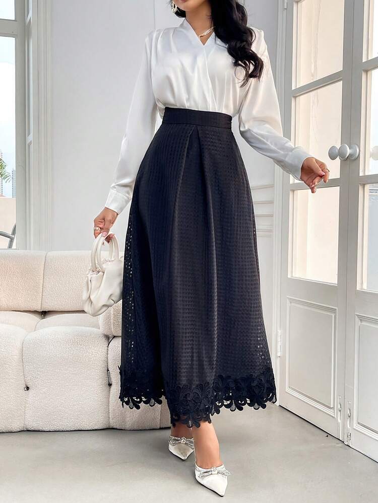 Women's Solid Color Applique Trimmed Hem Long Skirt