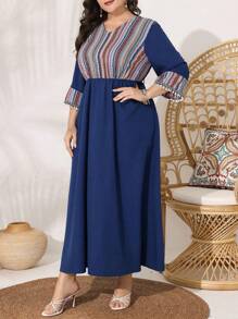 Al Najma Plus Size Printed Splicing Dress With Ball Decoration Kaftan Jalabiya Dress - Multicolor - View 3