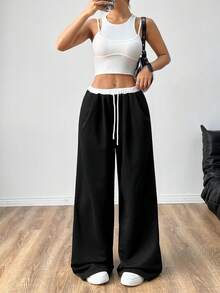 SHEIN EZwear 顏色塊高腰寬鬆女性休閒運動長褲 - 灰色 - 查看 5