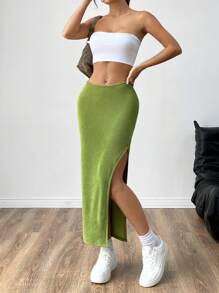 SHEIN EZwear Của phụ nữ Màu thuần Cao Khe nứt bên Váy Đối với Liên hoan âm nhạc - màu xanh lá - Xem 5