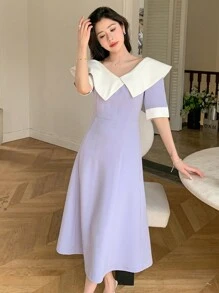 DAZY 女式彼得潘领短袖拼色优雅中长连衣裙，夏季，荷叶边 - 紫色 - 查看 6