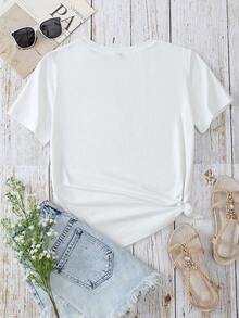 SHEIN EZwear Giải trí Mèo in Vòng cổ Ngắn tay Thon gọn Của phụ nữ Áo thun Thích hợp Cho mùa hè - trắng - Xem 3