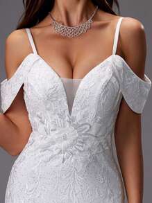 UNITHORSE Open Shoulder Sequined Embroidery Tulle Mermaid Mesh Wedding Dress, All White Party Outfit Women - White - View 7