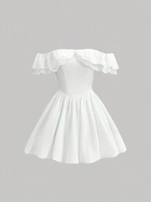 SHEIN MOD Trắng Off Shoulder Viền Ruffle Đầm - trắng - Xem 1