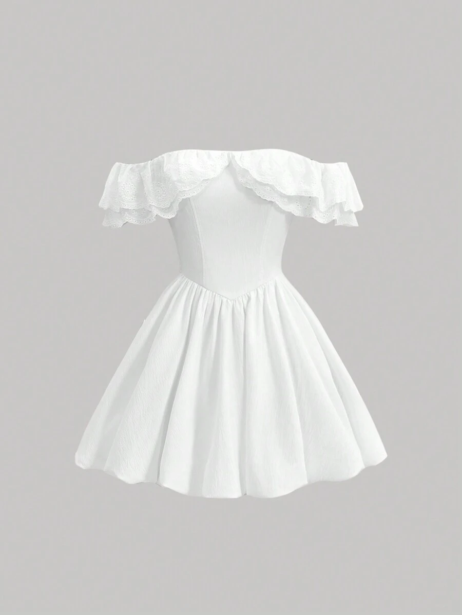 SHEIN MOD Trắng Off Shoulder Viền Ruffle Đầm - trắng - Xem 1