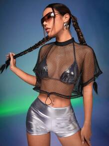 Mesh Sheer Drawstring Hem Cropped Sport Sweatshirt - Black - View 5