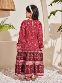SHEIN Young Girl Loose Vacation Style Plant Printed Dress With Ruffled Sleeves And V-Neck - Burgundy - View 2
