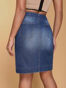 SHEIN BAE Women's Fashionable Summer Button Design Slit Denim Midi Skirt