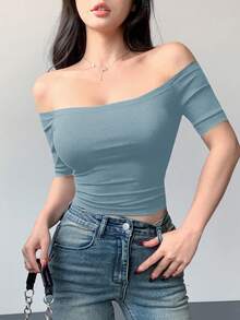 DAZY 纯色露肩紧身短款女式 T 恤 - 水鴨藍 - 查看 4