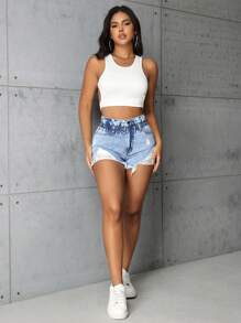 SHEIN SXY Short En Jean Taille Haute Pour Femme Avec Un Design Plissé - Bleu azur - Voir 6